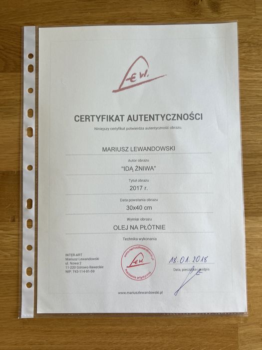 Mariusz Lewandowski ,, Idą Żniwa „ Certyfikat