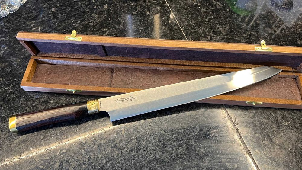 Faca de Chef artesanal 12” 30cm Zakharov Kiritsuke para Destro no Estojo de Madeira tipo Japonesa Sushi Sashimi