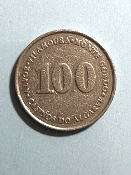 Antiga ficha jogo 100 Escudos-Casinos Algarve: Alvor+Vilamoura+M.Gordo