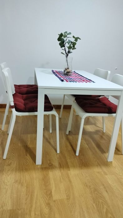 Conjunto mesa, 4 cadeiras e almofadas de assento