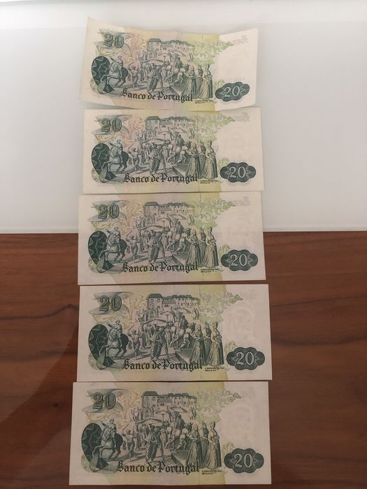 Lote de 5 notas de 20 escudos de 1971