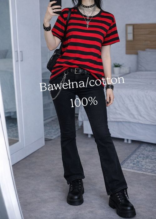 T-shirt czerwono czarne pasy unisex 100% bawełna cotton  alternative