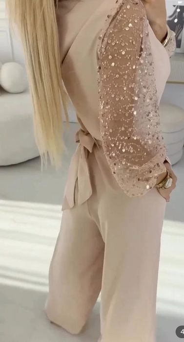Elegancki kombinezon damski beżowy  cekiny ,szerokie spodnie. S,, M  komunia  chrzciny. wesele
