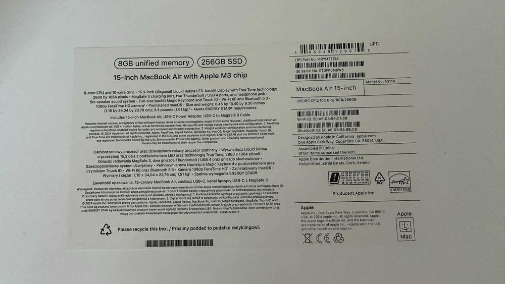 MacBook 15 M3/8/256/ 100% kondycji