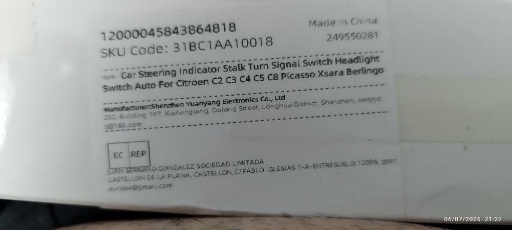 Manete de luzes para citroen nova
