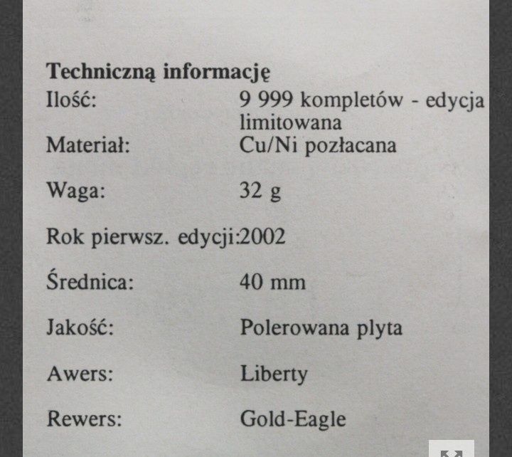 Medal Double Eagle Bogini Wolności 40 mm Liberty 20 Dolar Gold Eagle