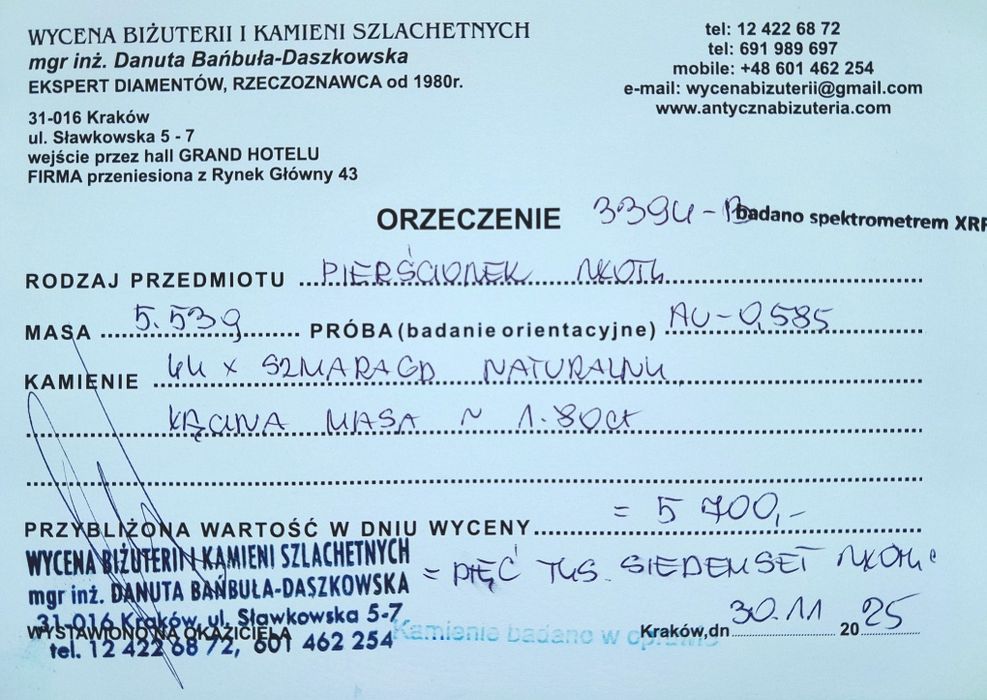 R.16 Pierścionek Obrączka 5.5g Złoto 585 Szmaragdy WYCENA
