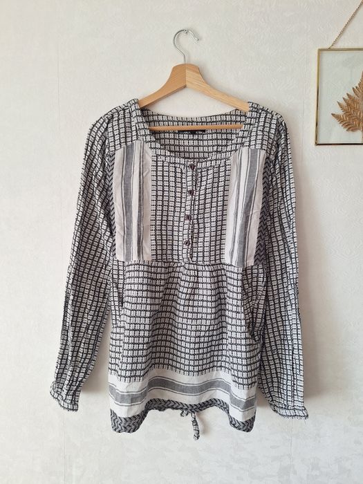 Bluzka z baskinką 40 L biało szara wzór kieszenie boczne  wiązanie