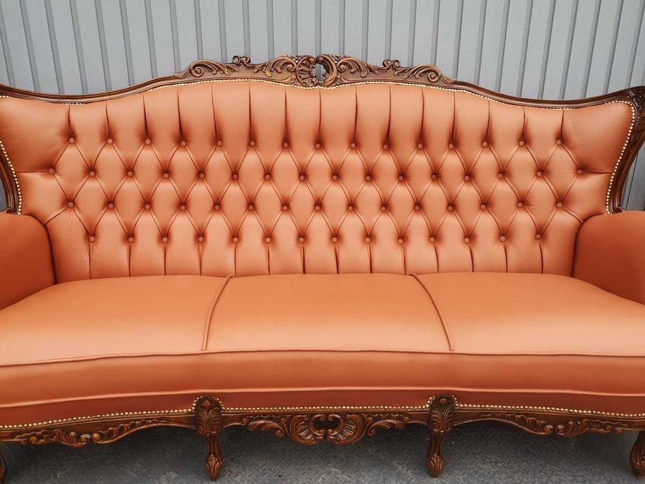 Cudowny komplet po renowacji! Koniakowa skóra! Sofa i dwa fotele!