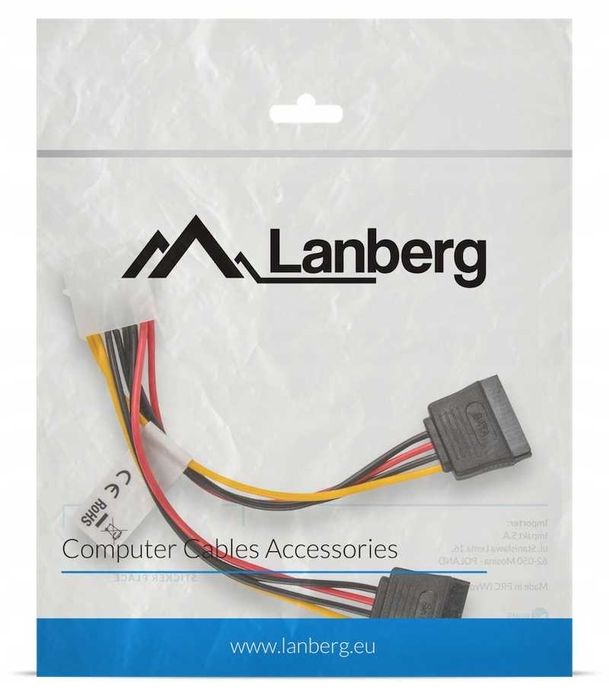 Kabel zasilający Lanberg Molex(M) -> 2x SATA(F) 0,15m (1172)