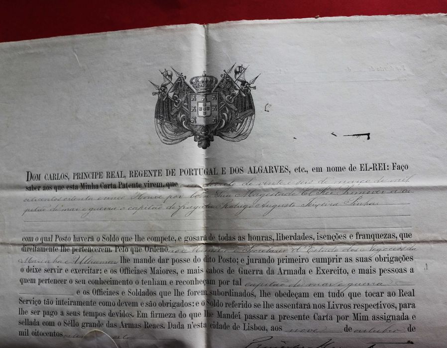 Príncipe Real D Carlos, Regente de Portugal, rara Carta Patente 1888