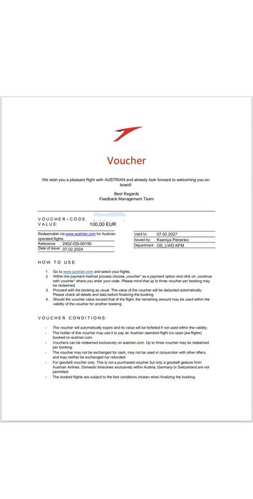 Voucher linie lotnicze Austrian Airlines 100€
