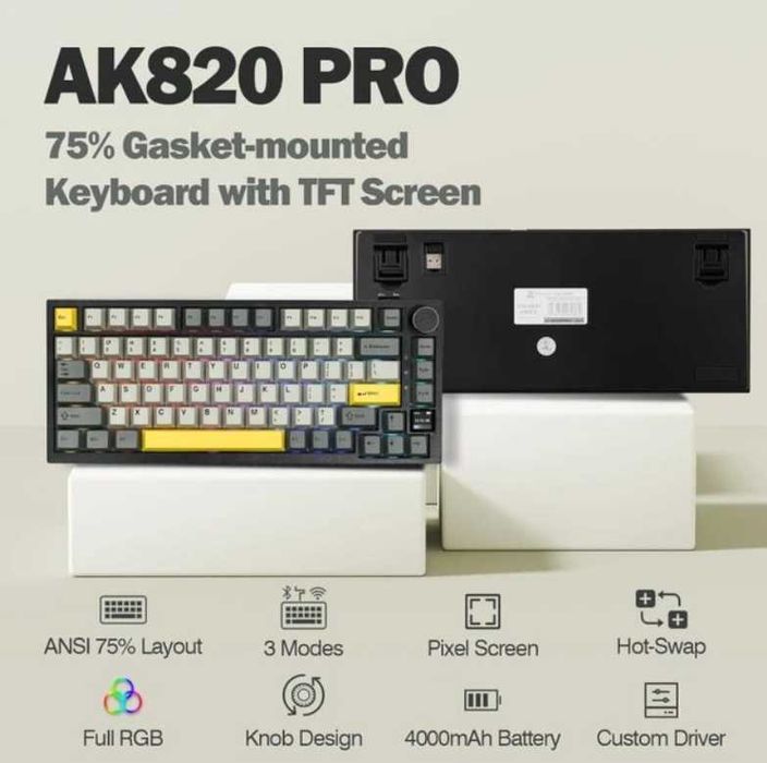 Клавіатура AJAZZ AK820 PRO Black-Yellow Ігрова Бездротова Механічна, RGB, Flying Fish Switch