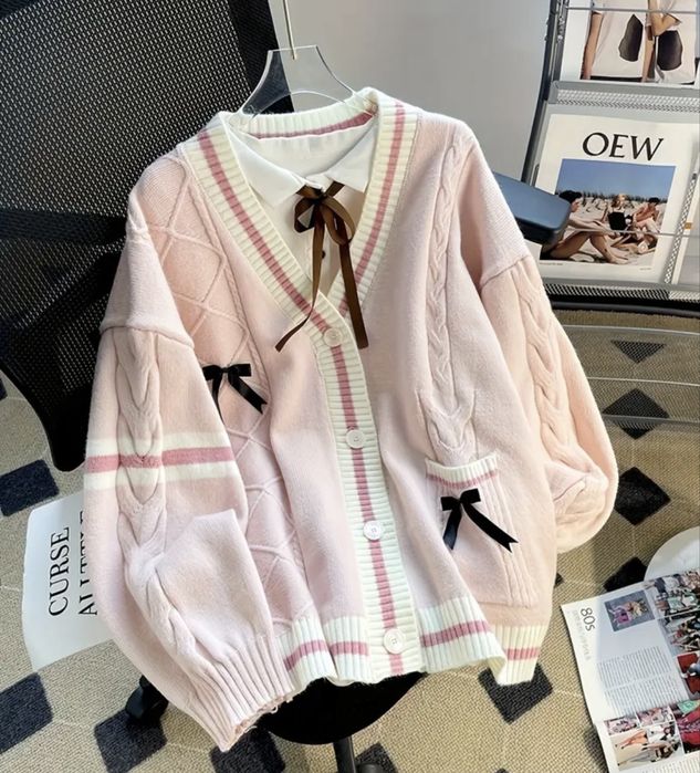 Кардиган трендовий, рожевий, з бантами