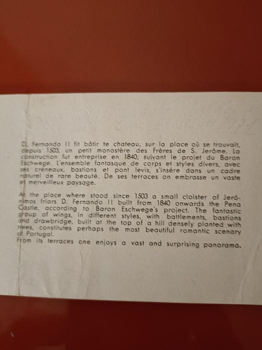 Bilhete antigo de entrada no Palácio da Pena, em Sintra em 1971