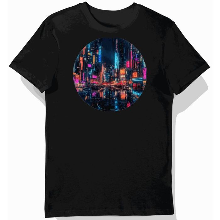 Koszulka męska czarna z motywem neonowego miasta cyberpunk (3) XL