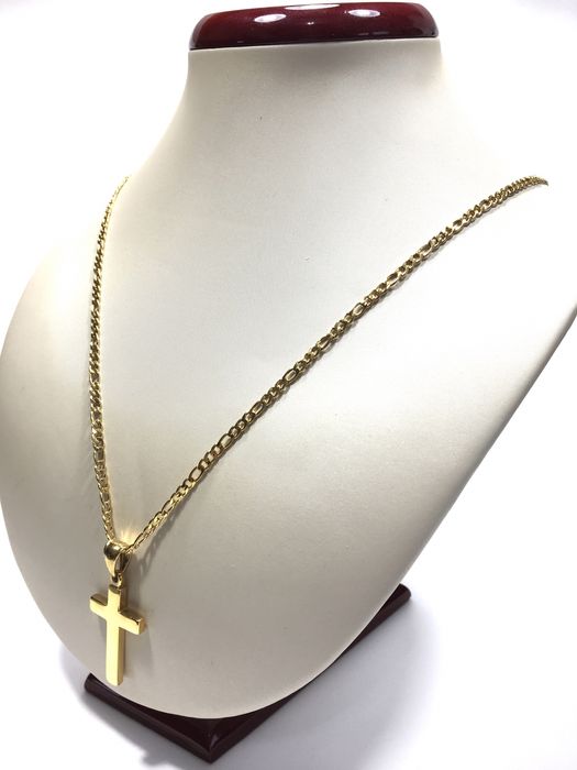 Złoty męski łańcuszek Figaro z krzyżykiem•pozłacany 18K 0,750