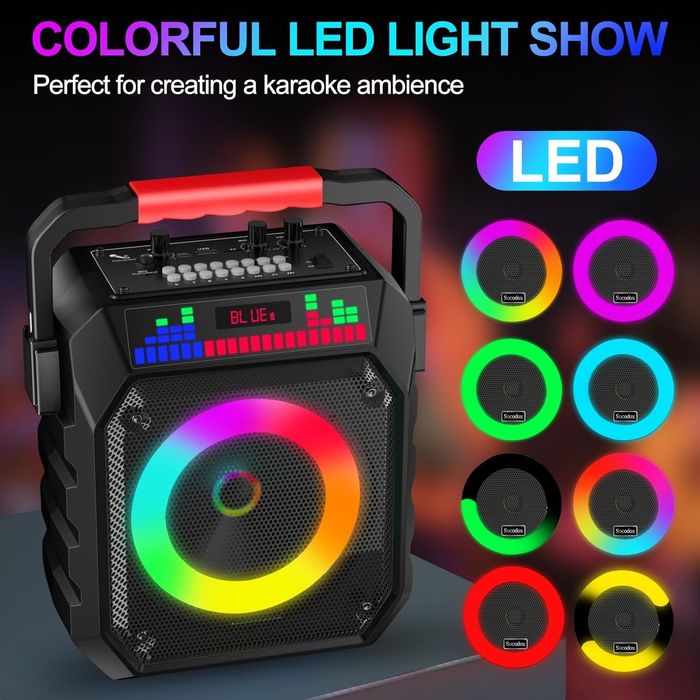 Máquina de Karaoke Portátil Bluetooth com 2 Microfones + Luzes RGB