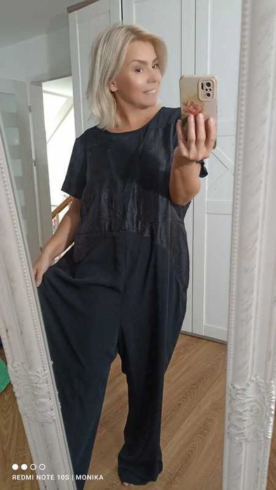 Czarny  długi kombinezon materiałowy szerokie nogawki MarksSpencer