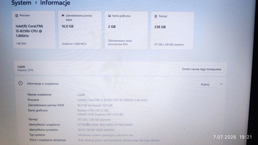 Laptop Dell Inspiron 3576 i5 16/256 grafika dedykowana