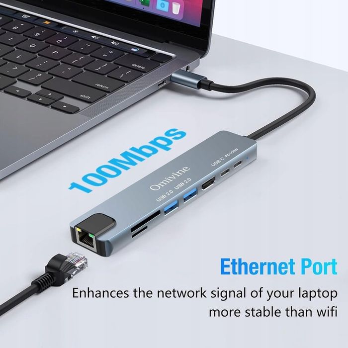 Omivine Hub USB C z Ethernet, 8 w 1 USB C Multiport Splitter z 100 W