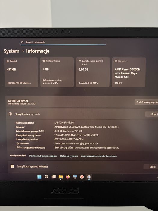 Laptop gamingowy Asus TUF Gaming FX505DT Windows 11