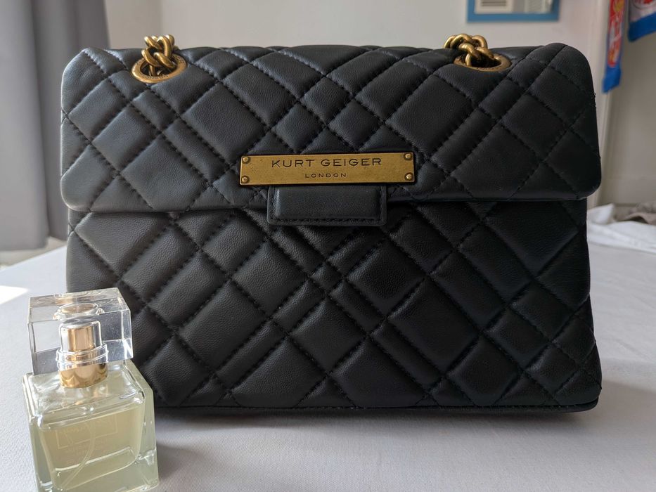 Kurt Geiger torebka z prawdziwej skóry i metalowym łańcuchem Londyn Genuine Leather Black Quilted Crossbody Bag London luxury premium fashion