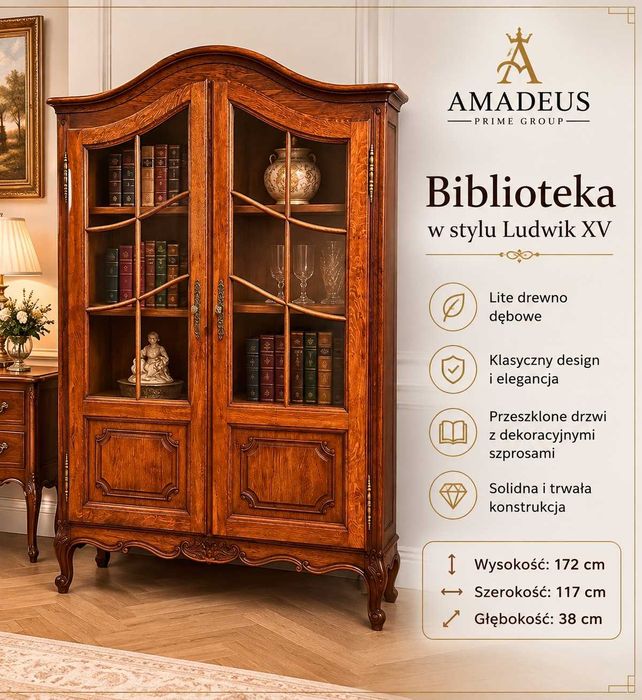 Biblioteka dębowa w stylu Ludwik XV / Prowansalskim – lite drewno dębowe
