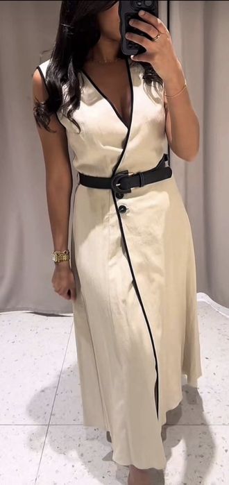 Sukienka kopertowa lniana z paskiem midi len wiskoza r. M