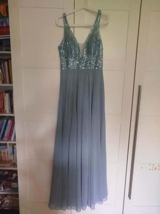 Sukienka wesele studniówka maxi długa niebieska turkusowa 40