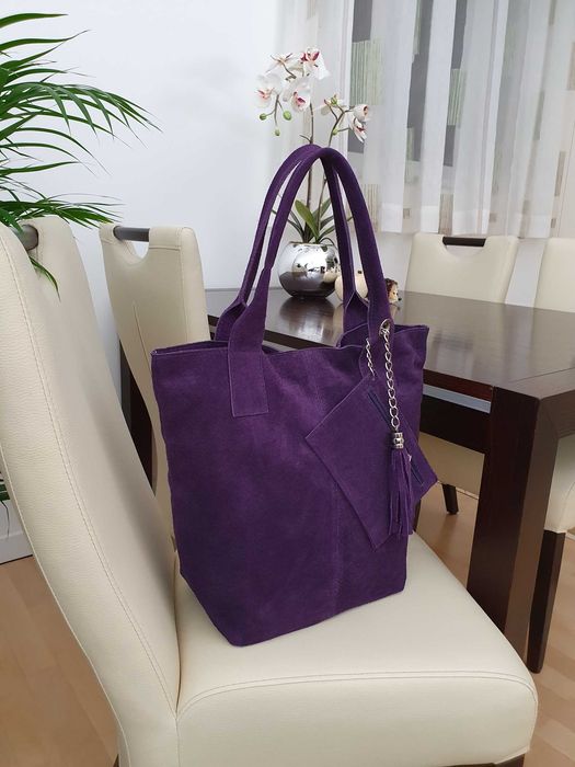 VERA PELLE torebka zamszowa worek shopper z suwakiem V146 camel