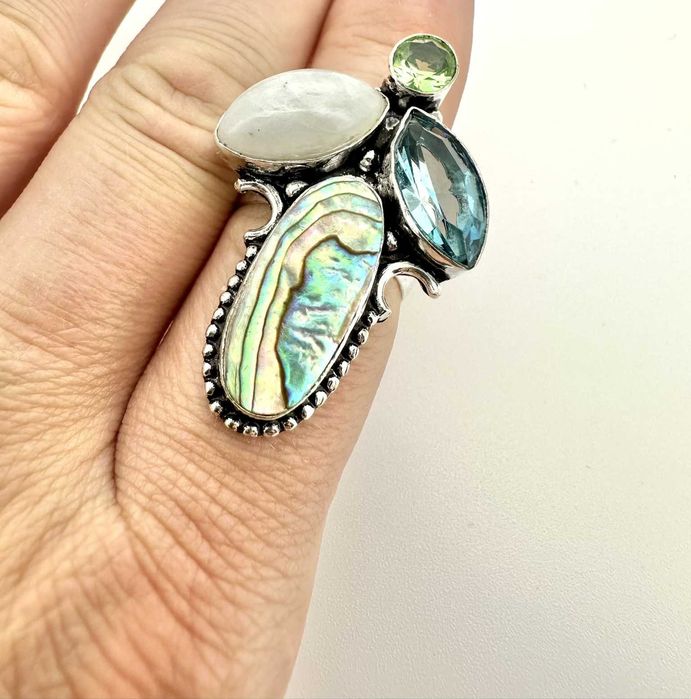 Pierścionek kamień księżycowy, topaz, muszla abalone paua. Próba 925