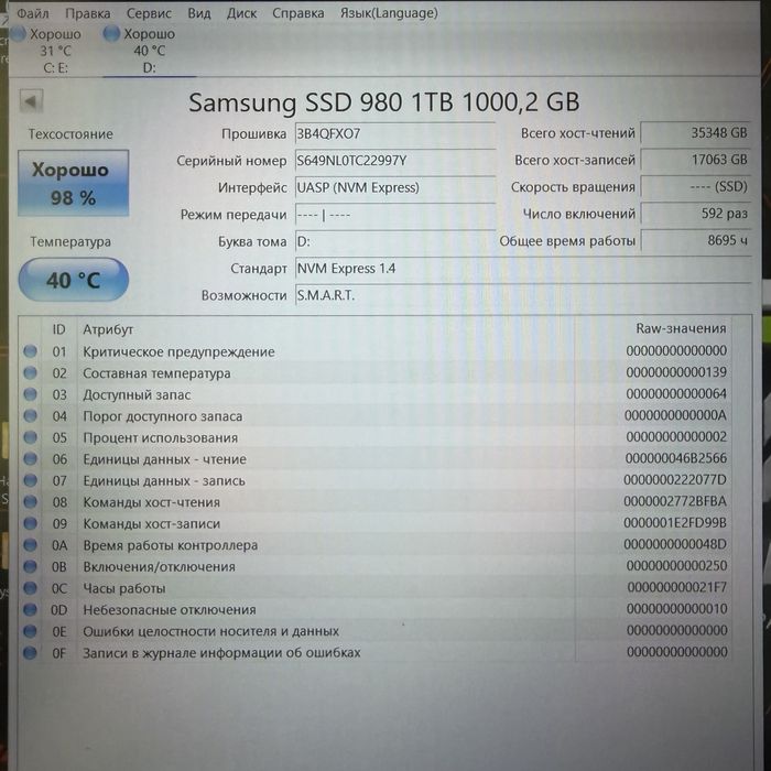 SSD NVMe M2 / 1 TB / Samsung 98% хелс / Час апгрейду?