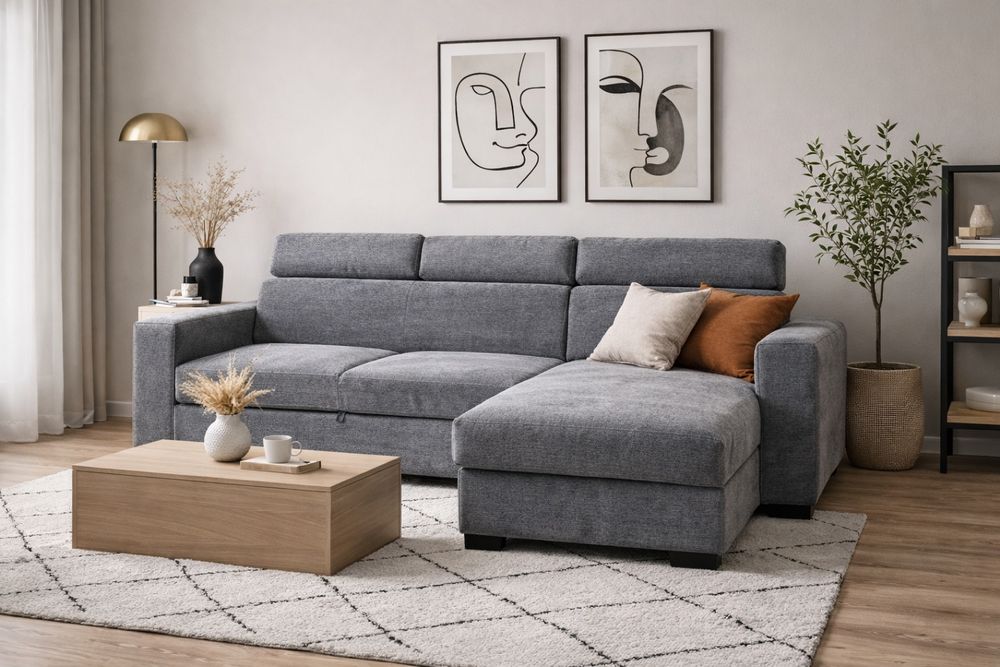 Naroznik z ruchomymi zagłówkami UNIWERSALNY +pojemnik +funkcją spania