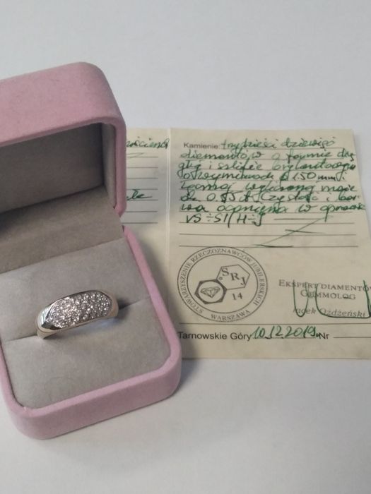 Złoty pierścionek z brylantami, złoto białe 750, rozm. 25