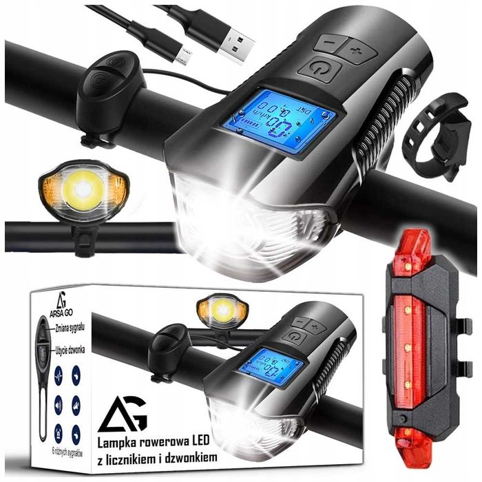Lampka Rowerowa Przednia Tylna Led Z Licznikiem Usb Licznik Dzwonek