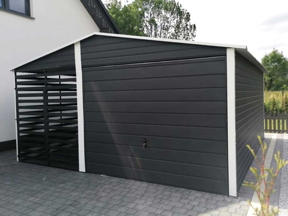 Blaszany garaż 3×5 m + kojec dla psa 2x5m – ciemny grafit matowy