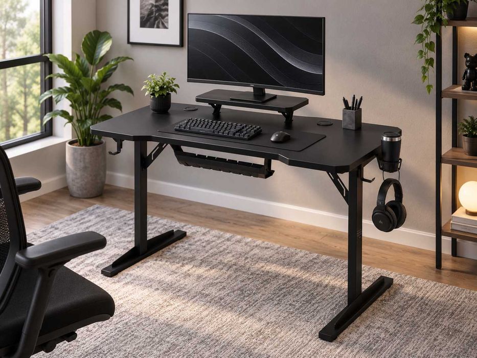 Nowe Biurko Gamingowe Komputerowe 115x60 Cm Z Nadstawką Na Monitor 3xUSB Uchwyt Na Słuchawki Kubek Czarne Do Gracza