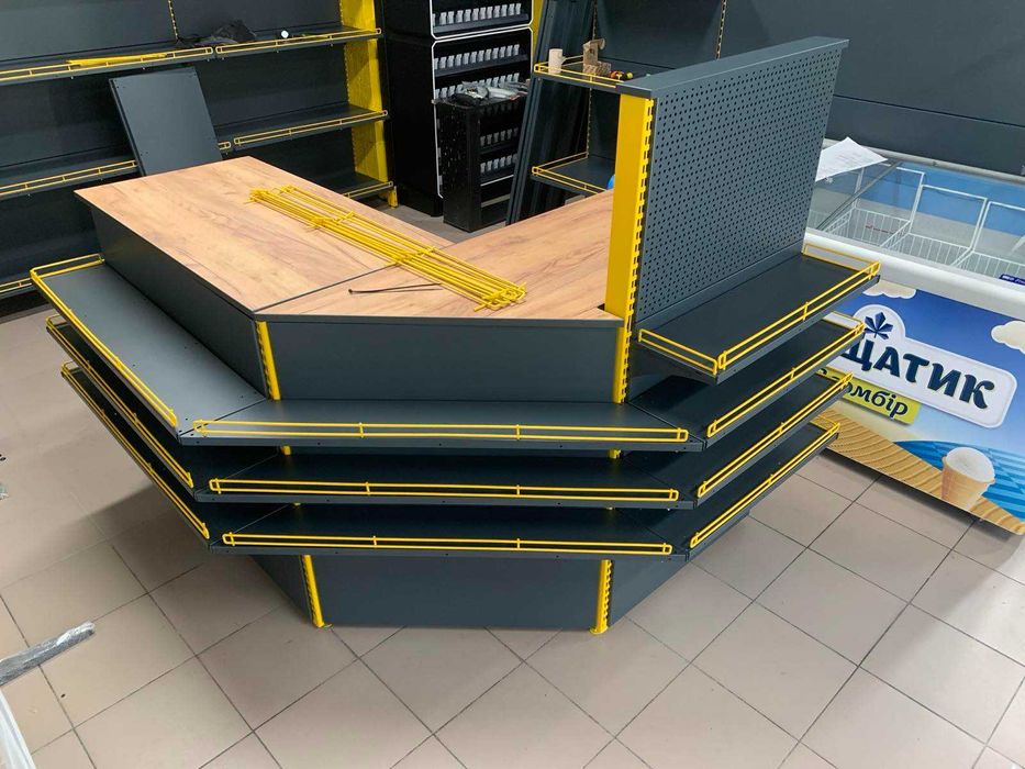Касові прилавки в магазин модульні. Касові бокси. Вітрини для випічки. Кавомодулі. Торгові стелажі. Торгове обладнання