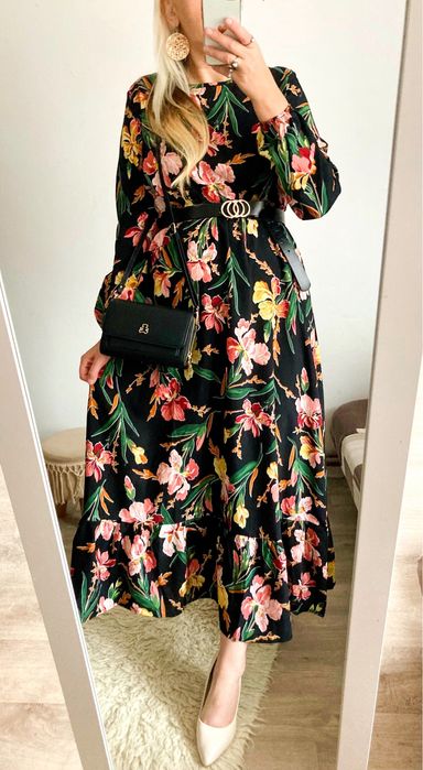 Sukienka Damska w czarna kwiaty długa imprezowa L