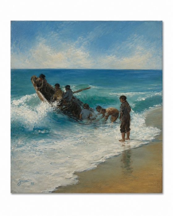 Pintura - Jusa (século XX) - Pescadores 1998 (assinada)