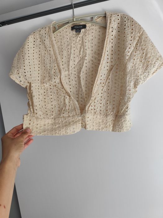 Jasnobeżowa Haftowana Krótka Bluzka croptop r.40 L ażurowa 100%bawełna