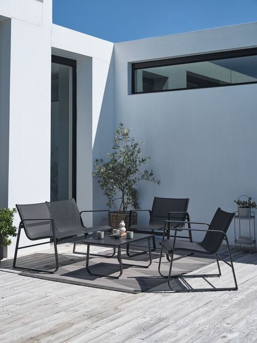 Conjunto de lounge preto para varanda/jardim: 2 poltronas + banco de 2 lugares (novo, na caixa) + mesa de centro