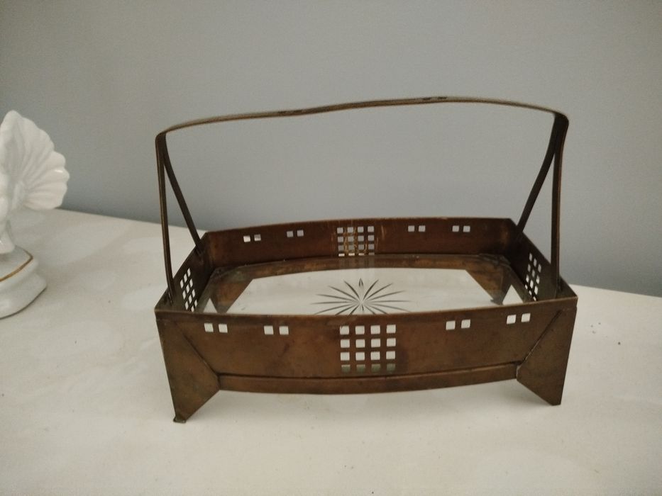 Patera, koszyk mosiężny szkło kryształowe. Zabytek, antyk.