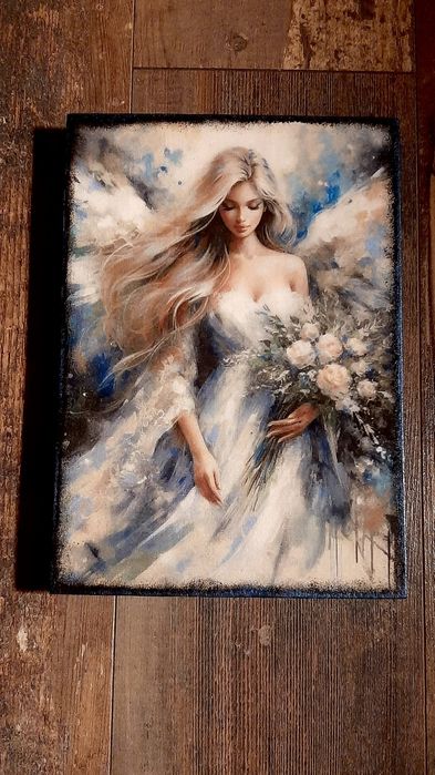 Obrazek na drewnie ręcznie zdobiony, Anioł Stróż na prezent,