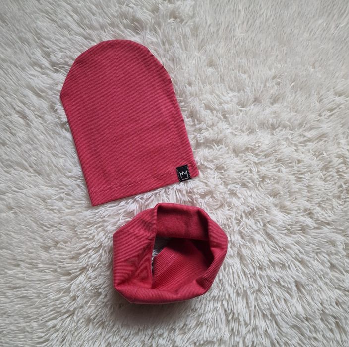 Czapka z kominem Mimi bawełniana kpl wiosenny prążkowany rozowy