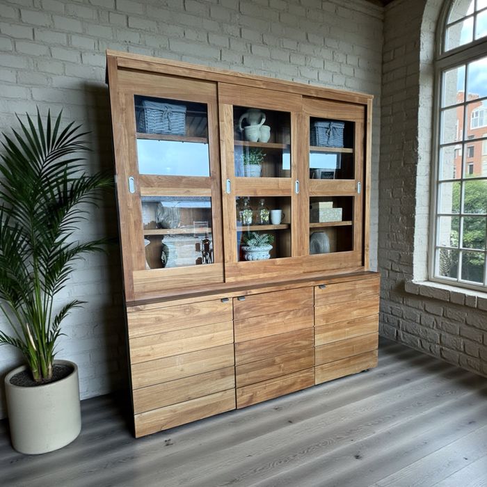 DREWNIANA TEKOWA jasna witryna biblioteka prosta kredens nowoczesna