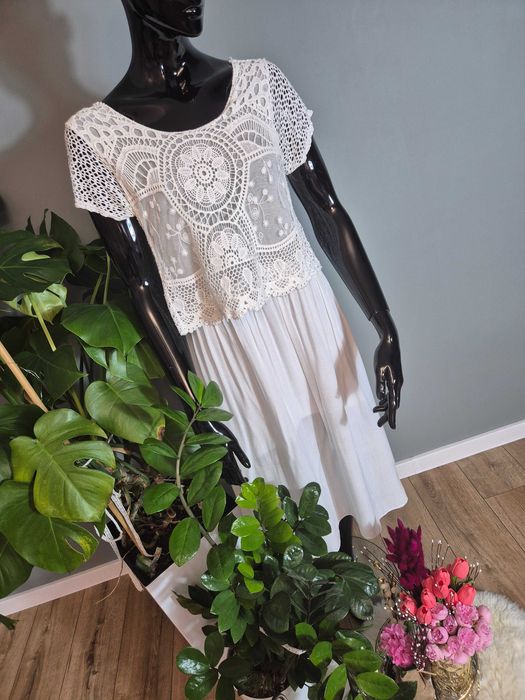 Długa włoska sukienka biała midi wiskozowa Made in Italy 95% wiskoza