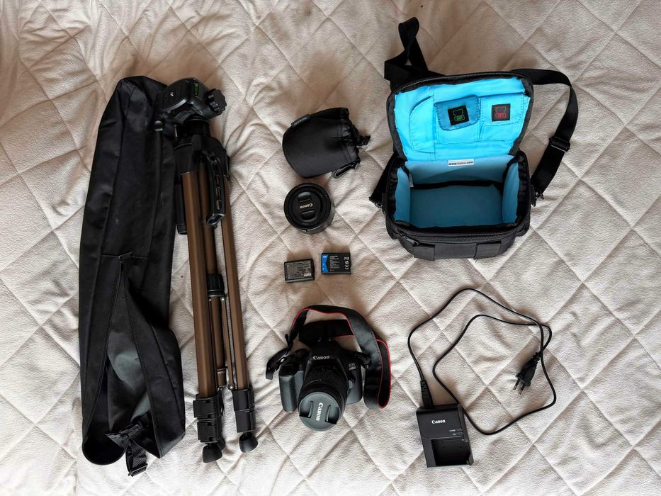Canon EOS 2000D + 2 obiektywy + torba + stojak + 2 baterie + 2 ładowarki + karta SD