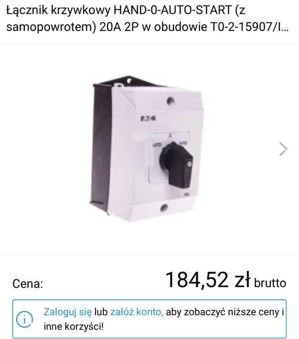 Łącznik krzywkowy HAND‑0‑AUTO‑START (z samopowrotem) 20A 2P w obudowie